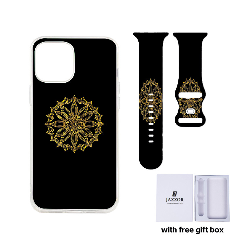 Chic Golden Patterns Unisex Silicone Watch Set, Gift Box